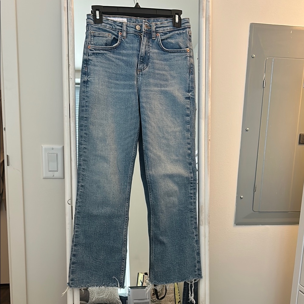 Zara Blue Cropped Straight Leg Jeans with Raw Hem
